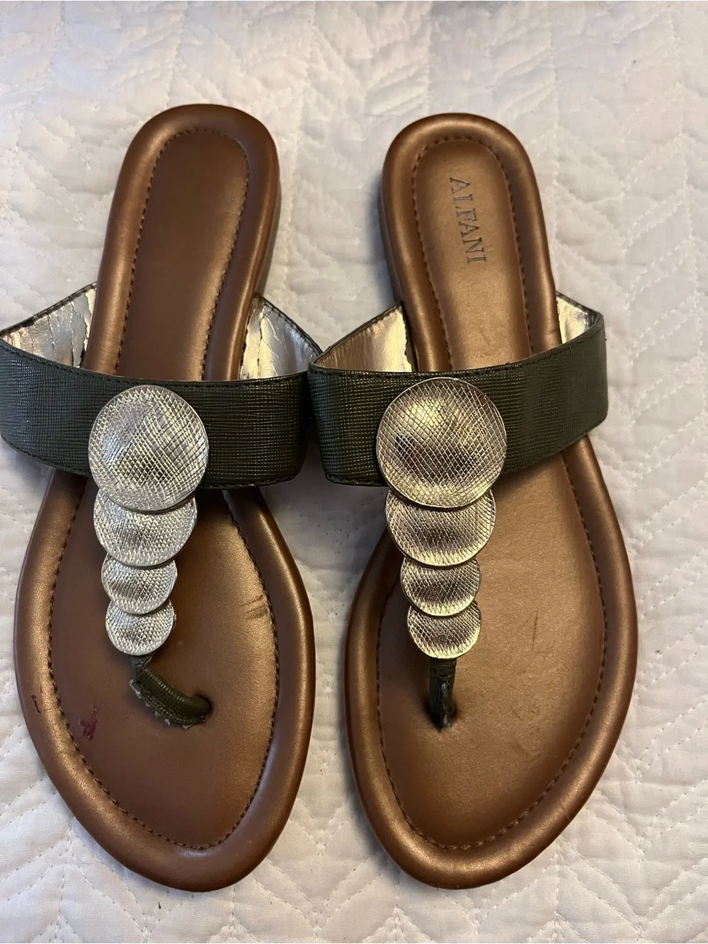Alfani Olive Green and Brown Slide Sandals with Silver Discs